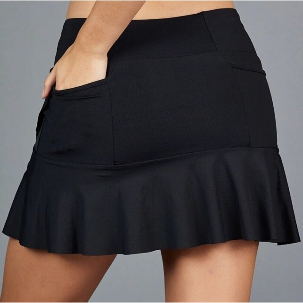 NEW Denise Cronwall MEDIUM Vespa Midi Flounce Ruffle Wrap Skort 15" BLACK - Picture 3 of 5